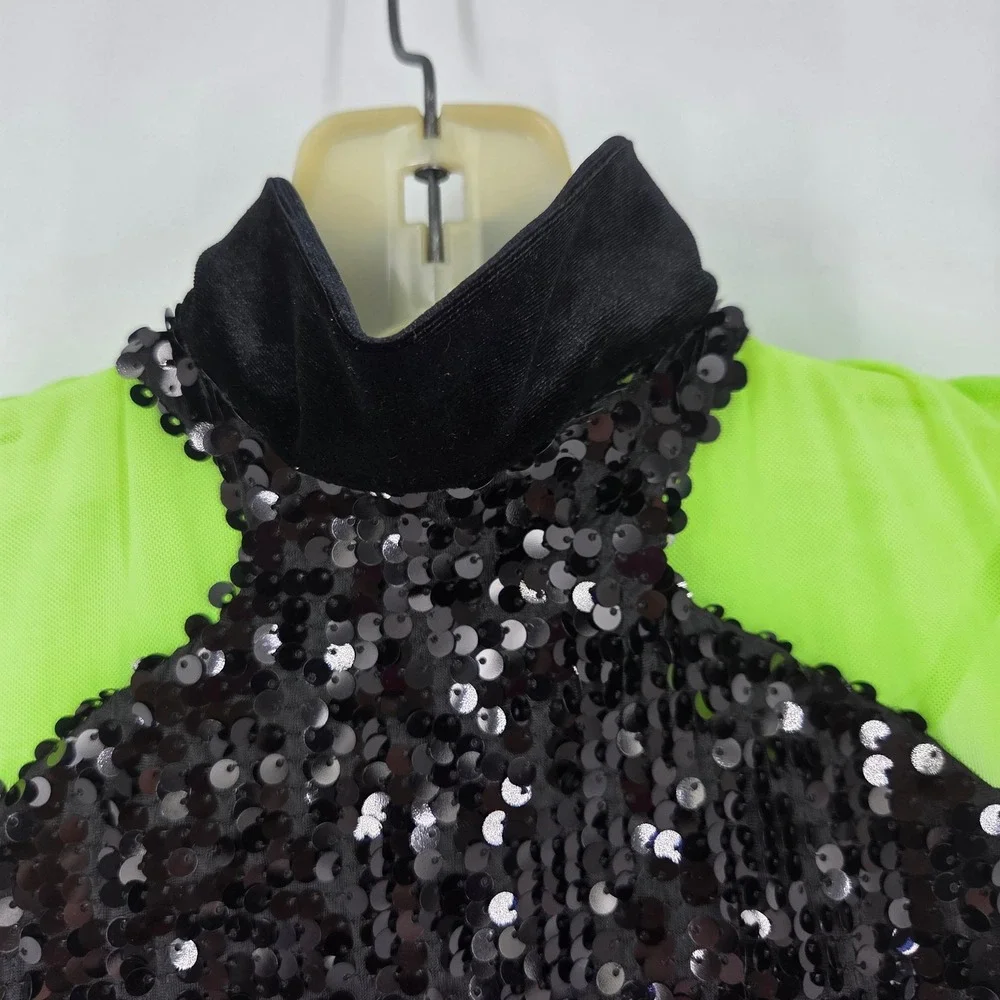 Weissman Black Neon Green Sequin Dance Costume Leotard Peplum MC Jazz Tap